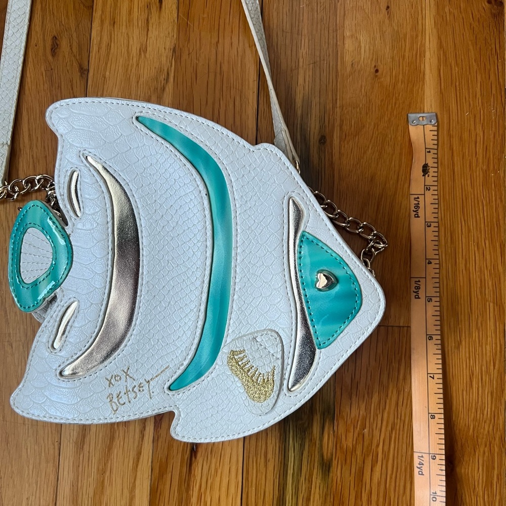 Betsey Johnson White Fish Crossbody Bag with Teal and Silver Accents